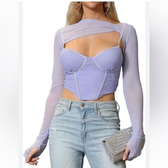 Sheer Mesh Long-Sleeve Corset Style Top With Cutouts Light Blue Size L 95% Polye - Picture 13 of 15